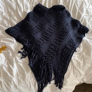 One Size. Blue Knit Fringe Poncho.